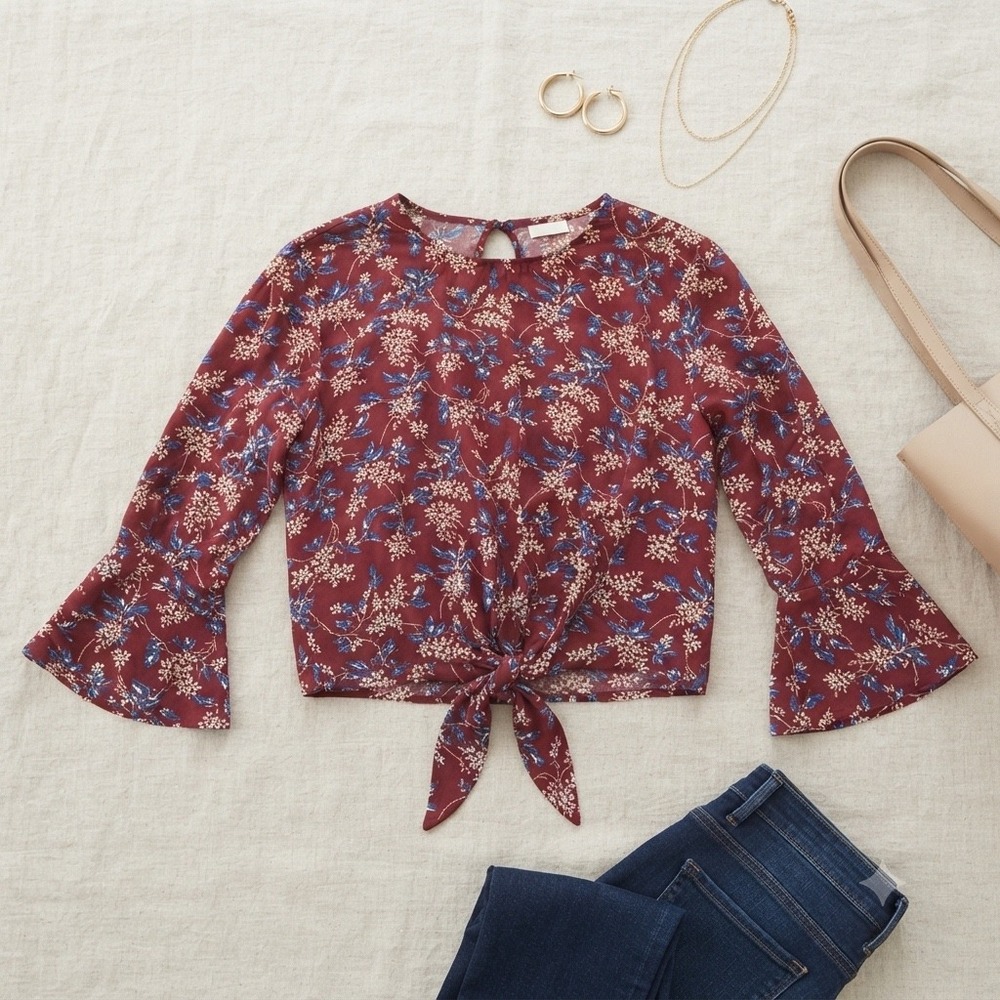 Madewell Floral Tie Front Blouse Womens Medium Burgundy Long Sleeve V-Neck Boho - Picture 1 of 7